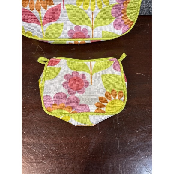 New Clinique 2 Piece‎ Makeup Purse Cosmetic Bag Pink Yellow Lime Green Floral - Picture 2 of 8